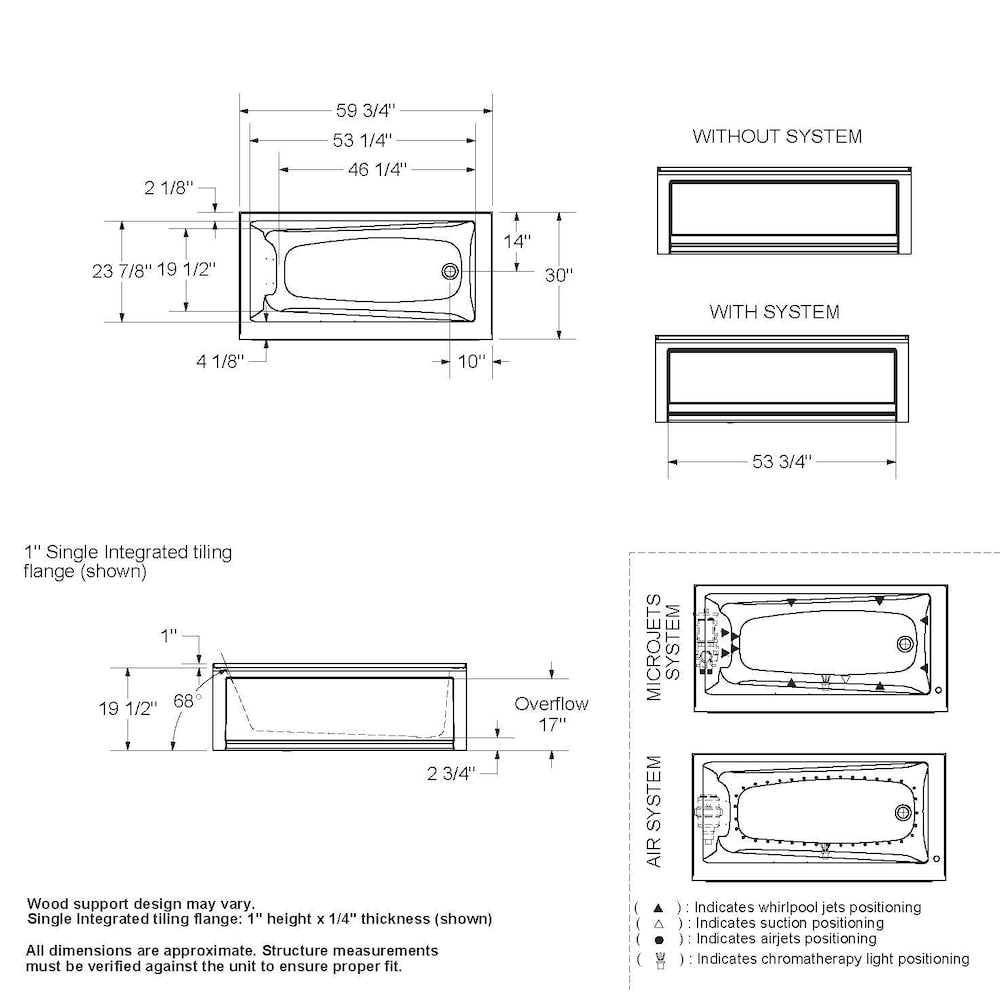 New Town IFS 60L x 30W x 20H Acrylic Rectangular Alcove Bathtub, Right Drain, in White with Aerosens Whirlpool