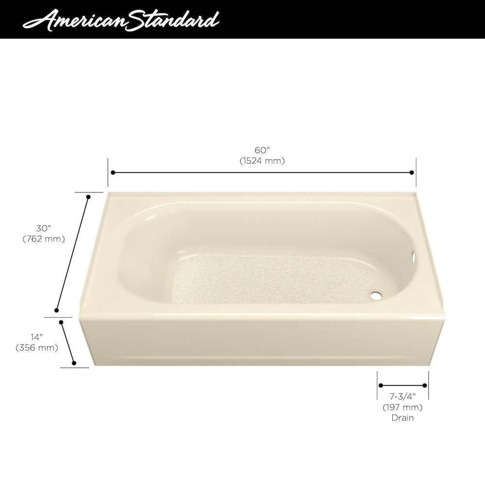 Baignoire en alcôve rectangulaire Princeton de 60 pouces de largeur avec drain à droite en os