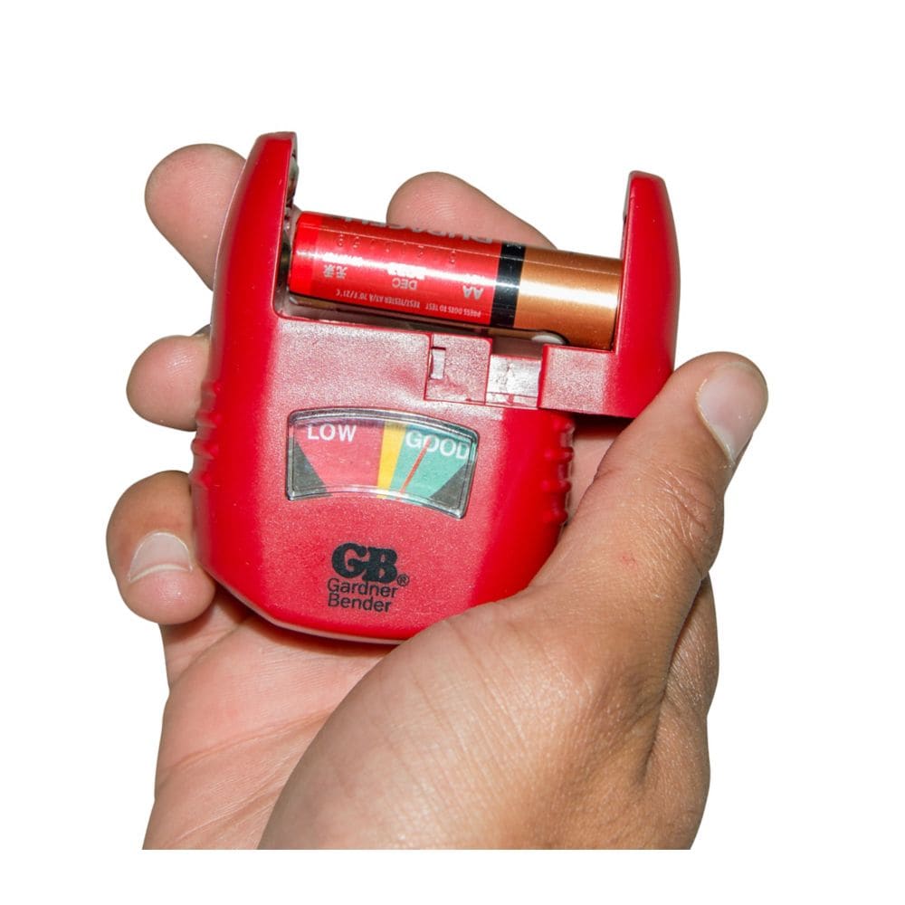 Battery Tester, Analog Low/Good Indicator, Test AA, AAA, C, D, 9 V, 1.5 volt button cells, 1/Ea