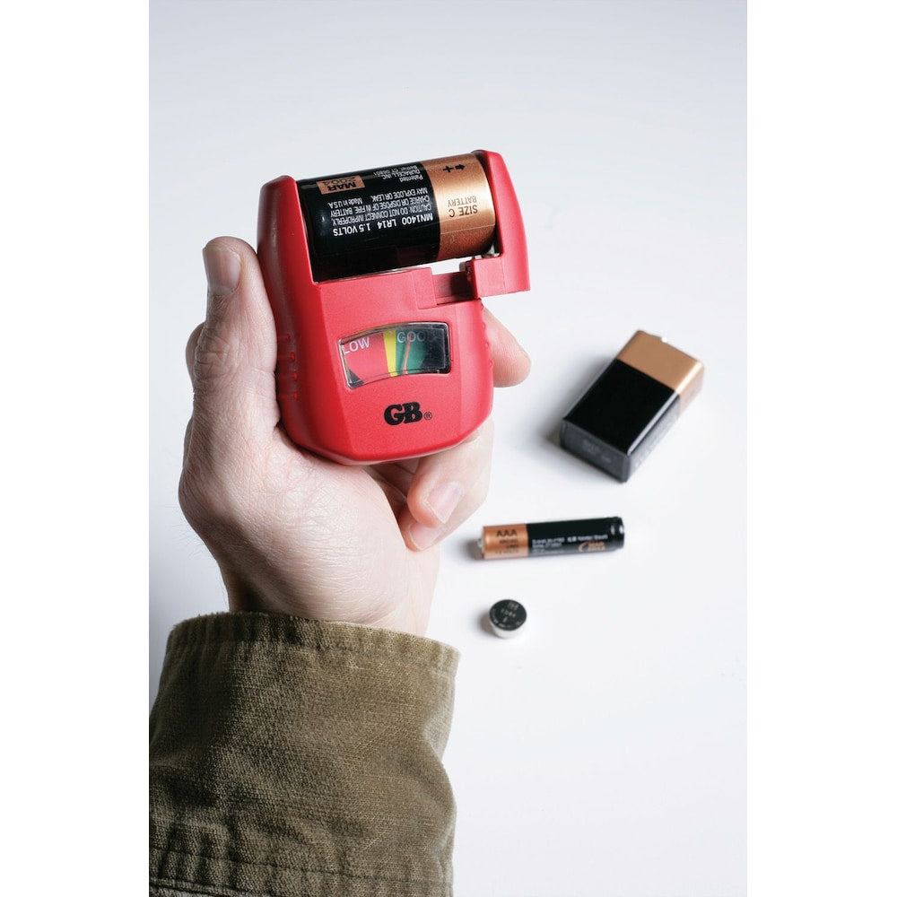 Battery Tester, Analog Low/Good Indicator, Test AA, AAA, C, D, 9 V, 1.5 volt button cells, 1/Ea