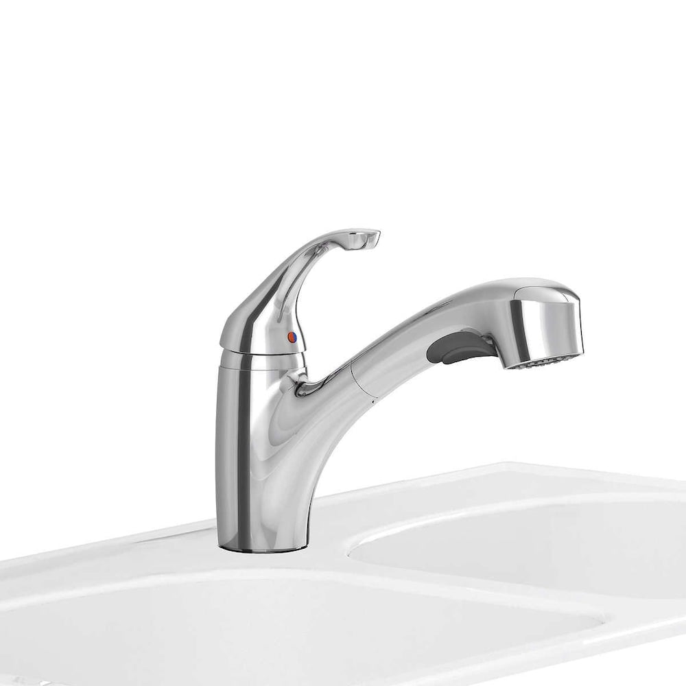 Robinet de cuisine à poignée unique et extractible Jardin en chrome poli avec double jet (robinet et plaque de pont inclus)
