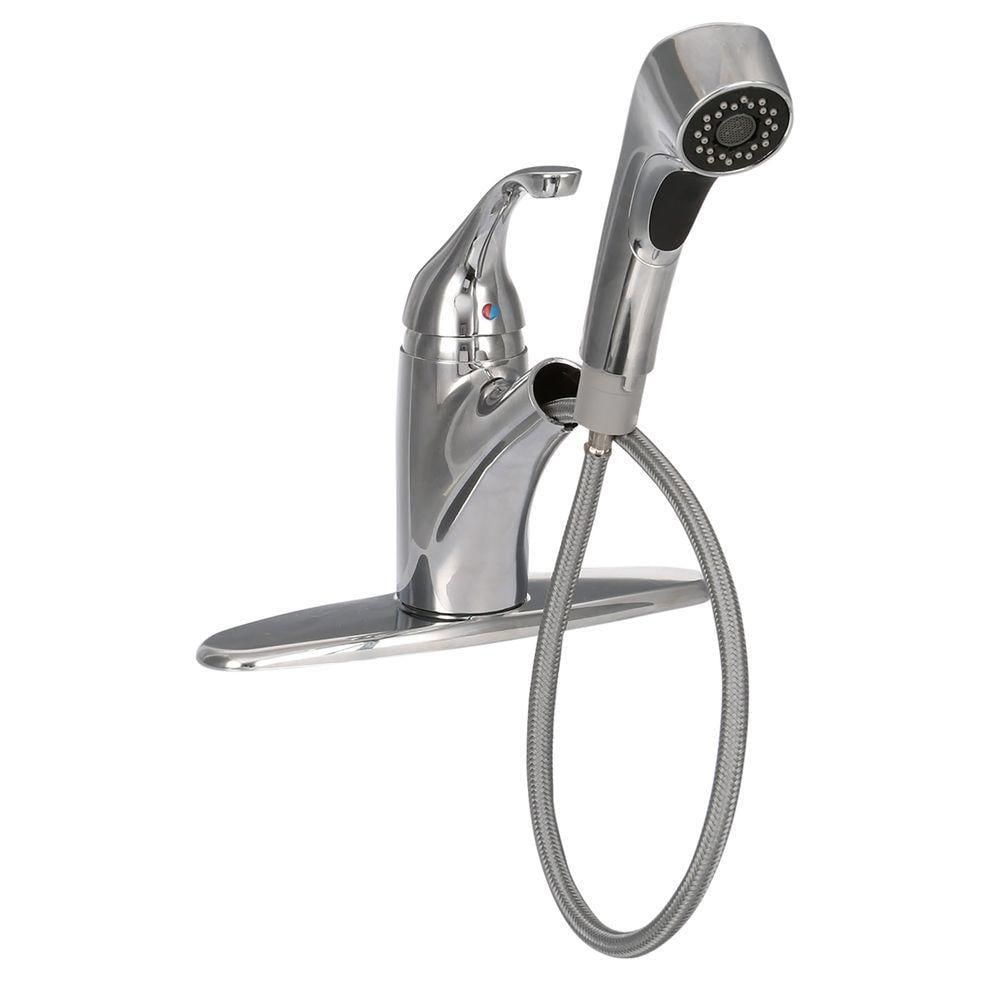 Robinet de cuisine à poignée unique et extractible Jardin en chrome poli avec double jet (robinet et plaque de pont inclus)