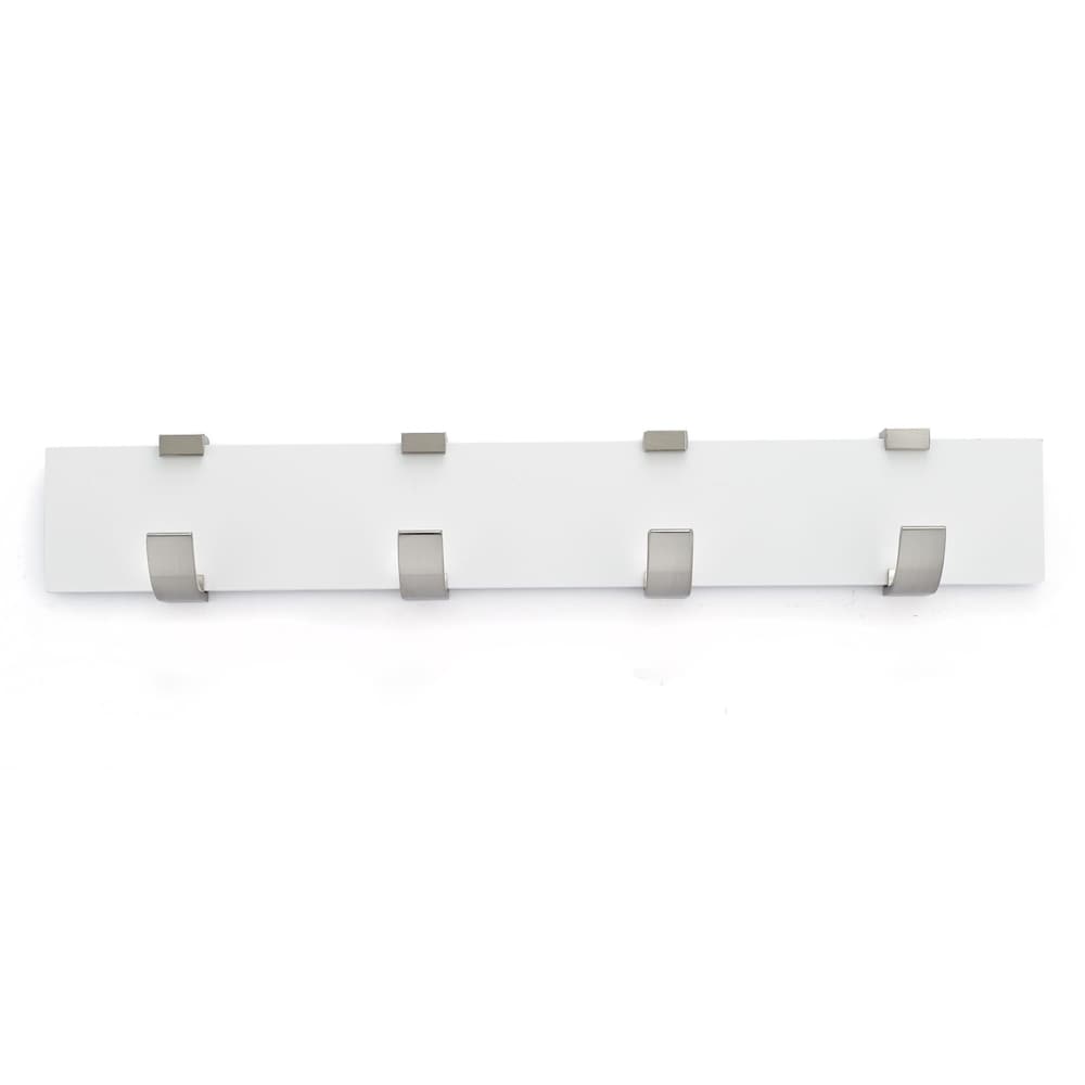 17 3/4-inch (450 mm) Contemporary Wood Hook Rack with 4 Metal Hooks, White and Brushed Nickel Finish