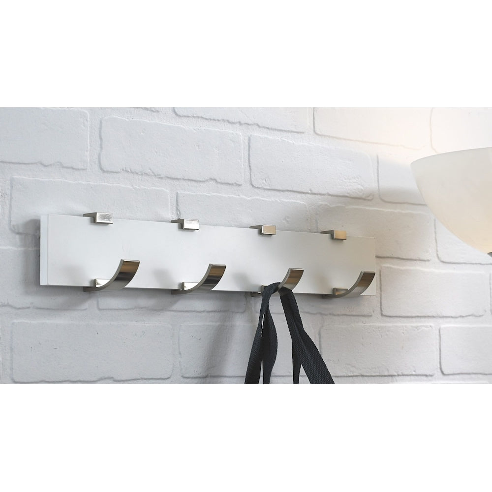 17 3/4-inch (450 mm) Contemporary Wood Hook Rack with 4 Metal Hooks, White and Brushed Nickel Finish