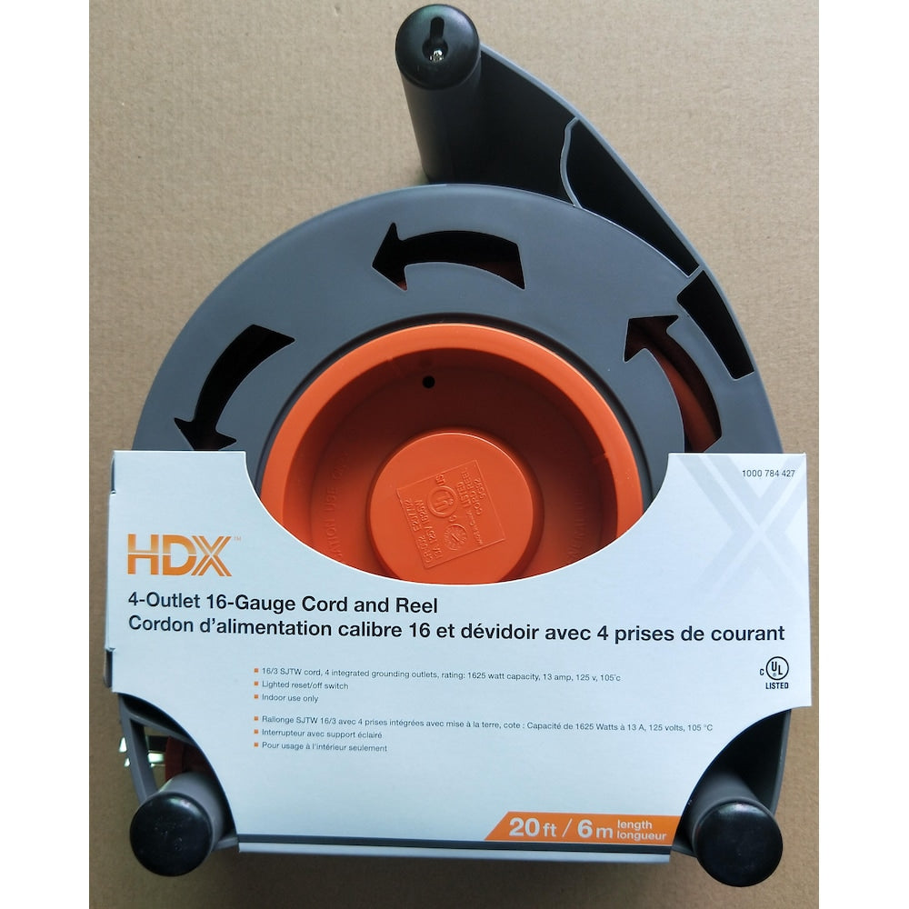 Enrouleur de rallonge à 4 prises pour travaux légers d'intérieur, calibre 16, 13 A, 20 pi