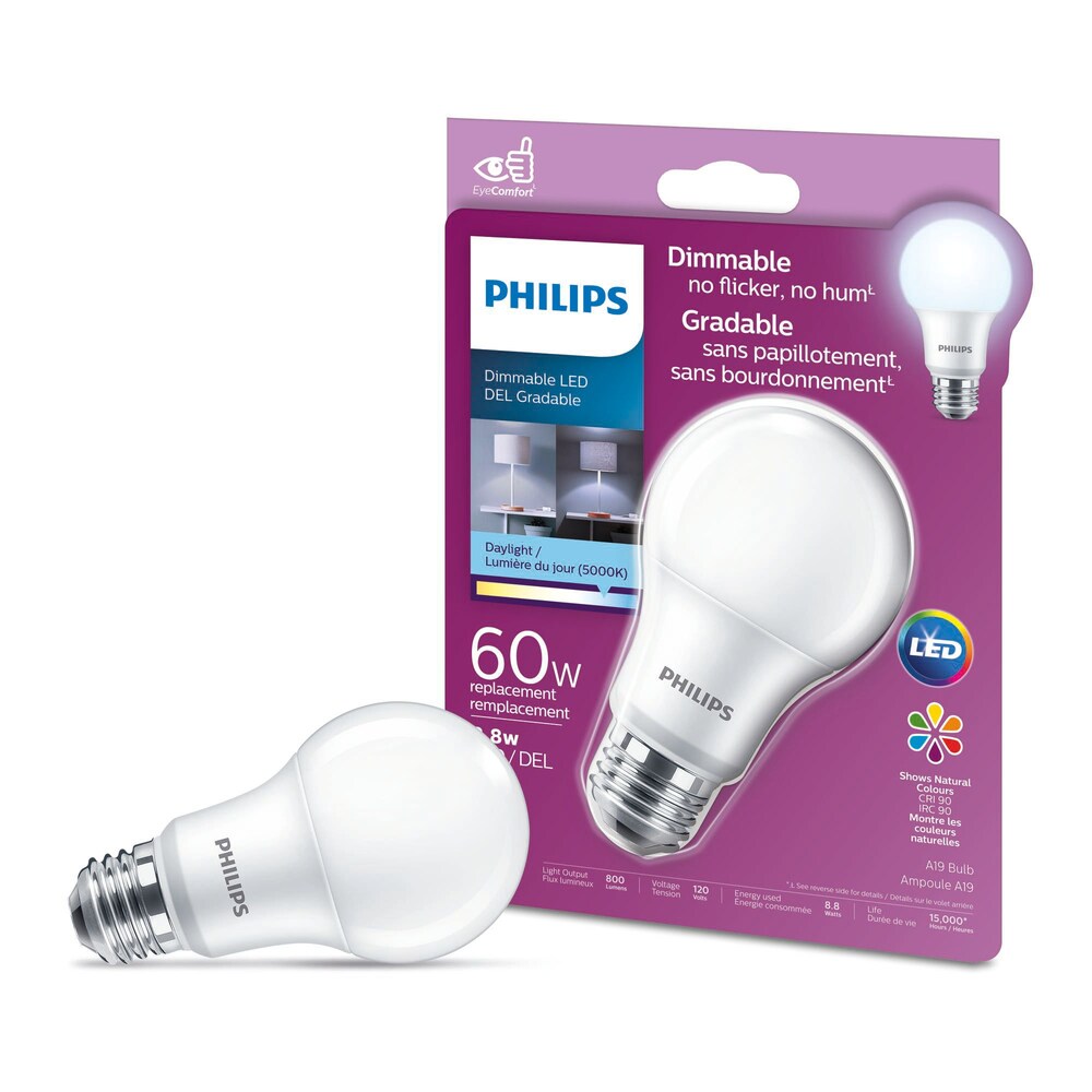 LED A19 E26 60W Equivalent A-Line Energy Saving Light Bulb, Dimmable Daylight (5000K)