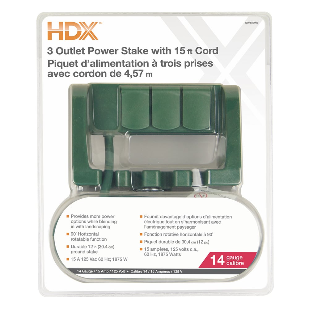 15 ft. Cord 3-Outlet 14-Gauge Medium Duty 15 Amps Outdoor Power Stake, Green