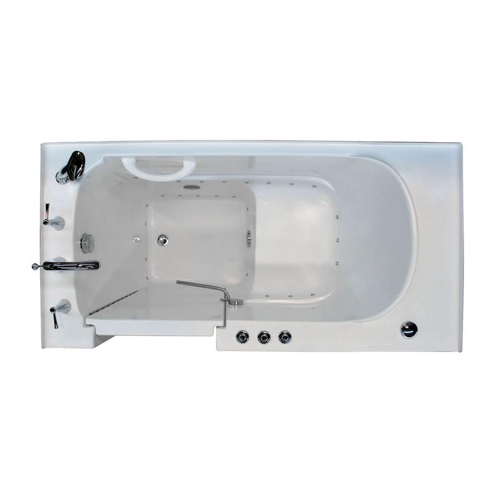 Baignoire à porte en alcôve de 5 pi avec drain à gauche et ouverture vers l'extérieur, aromathérapie et chromothérapie, en blanc