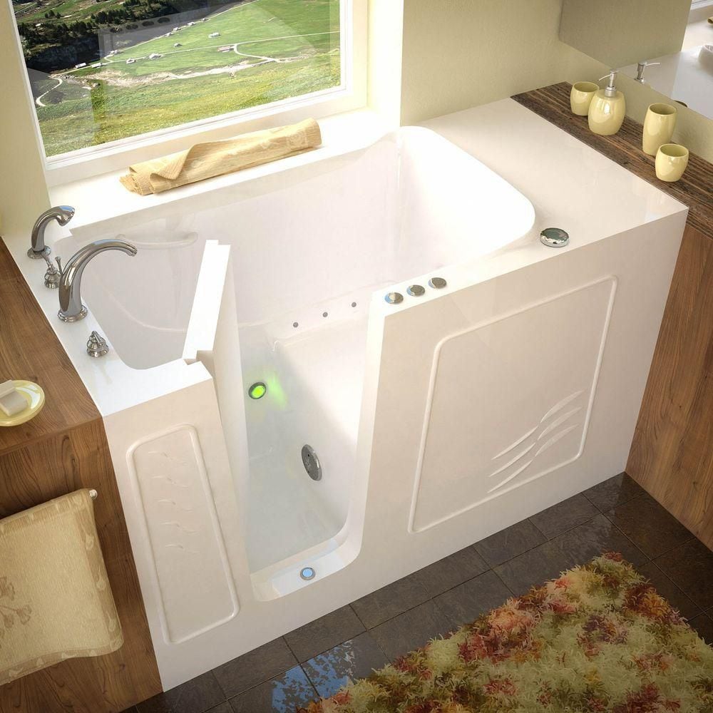 Baignoire à porte en alcôve de 5 pi avec drain à gauche et ouverture vers l'extérieur, aromathérapie et chromothérapie, en blanc
