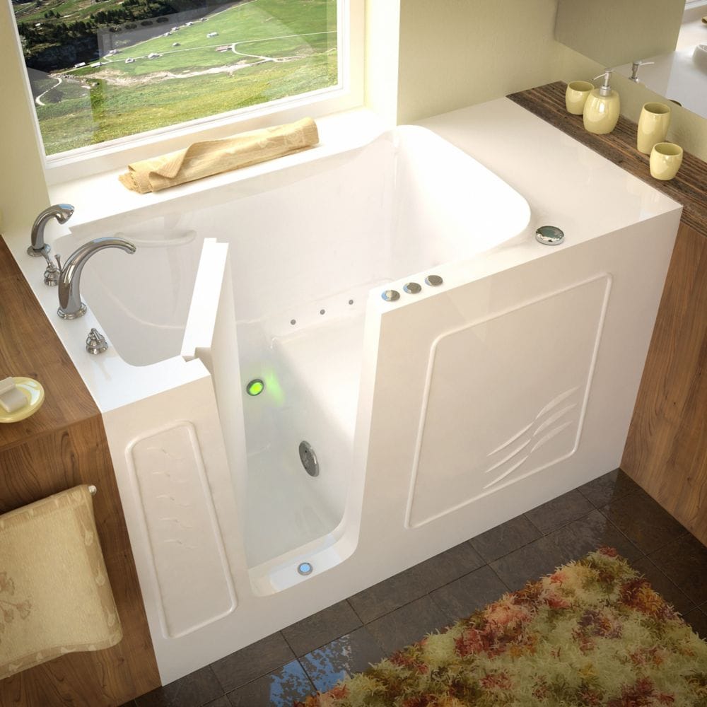 Baignoire à porte en alcôve de 5 pi avec drain à gauche et ouverture vers l'extérieur, aromathérapie et chromothérapie, en blanc