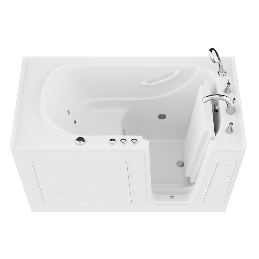 Baignoire balnéo à accès direct en alcôve de 5 pi avec drain à droite et chromothérapie, pivotante vers l'intérieur, en blanc