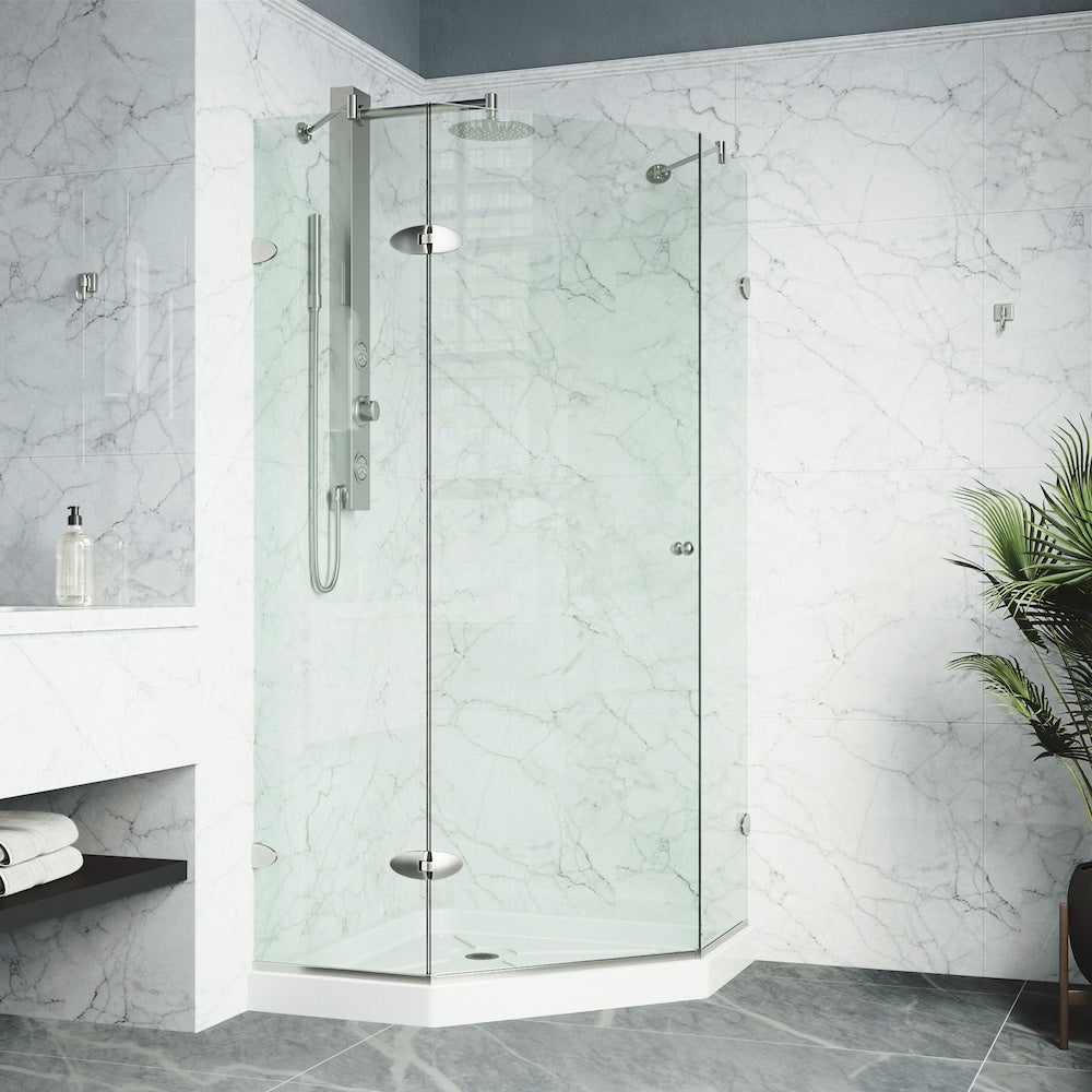 Verona 42 in. D x 42 in. W x 77 in. H Frameless Hinged Neo-angle Shower Enclosure Kit in Brushed Nickel with Clear Glass