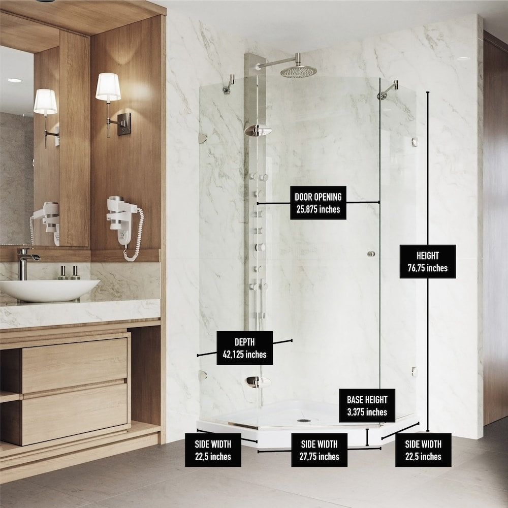 Verona 42 in. D x 42 in. W x 77 in. H Frameless Hinged Neo-angle Shower Enclosure Kit in Brushed Nickel with Clear Glass