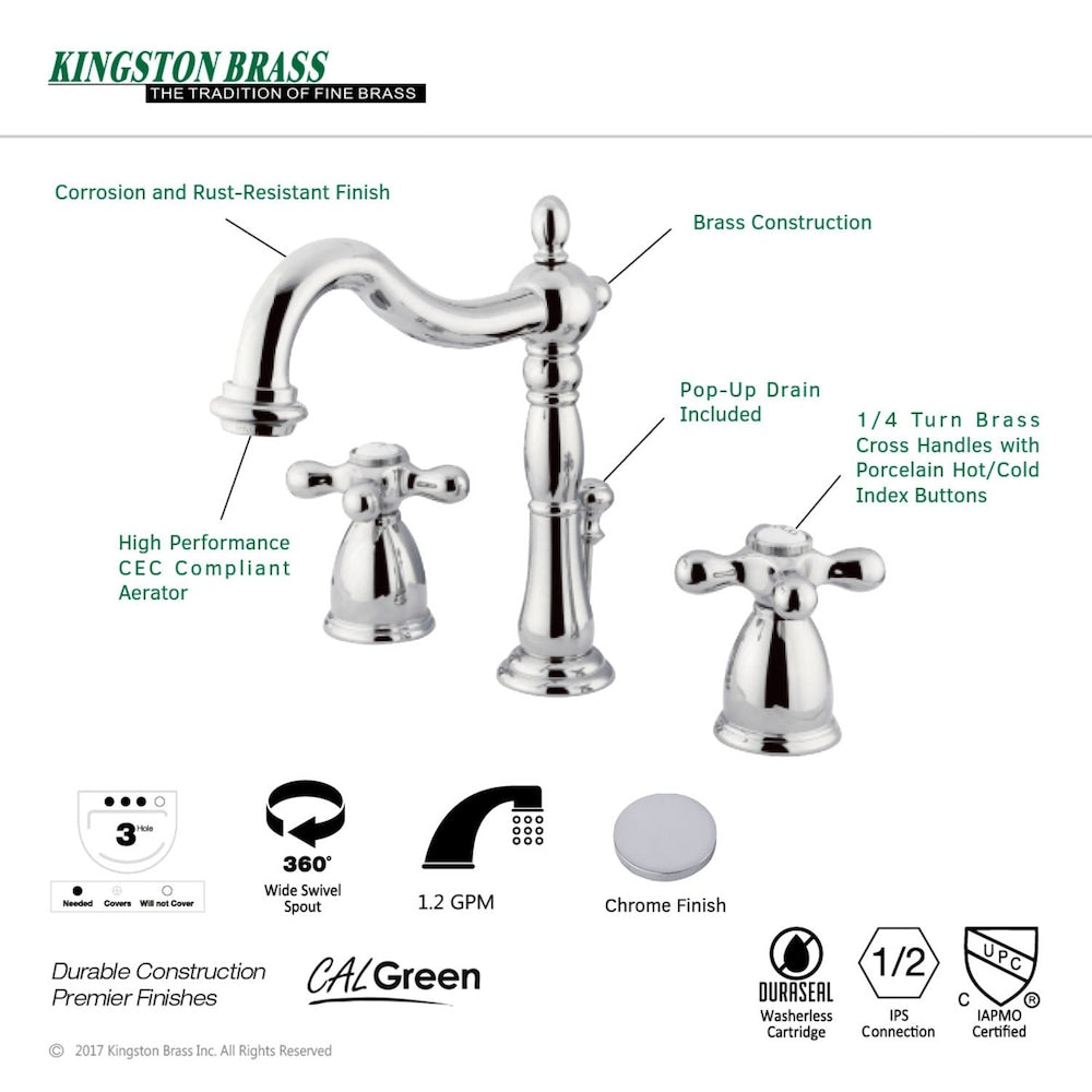Robinet de salle de bain à arc élevé à 2 poignées (8 pouces) de style victorien en chrome avec poignées croisées