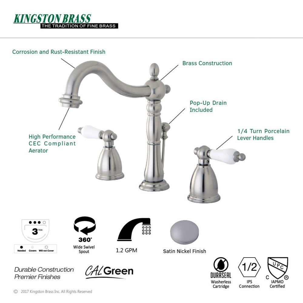 Victorian Widespread (8-inch) 2-Handle High Arc Bathroom Faucet in Satin Nickel with Lever Handles