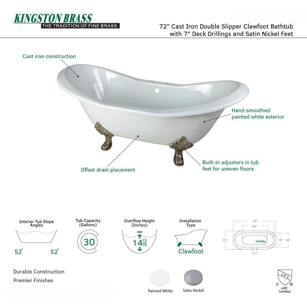 6 Feet Cast Iron Satin Nickel Clawfoot Double Slipper Bathtub with 7-Inch Deck Holes in White