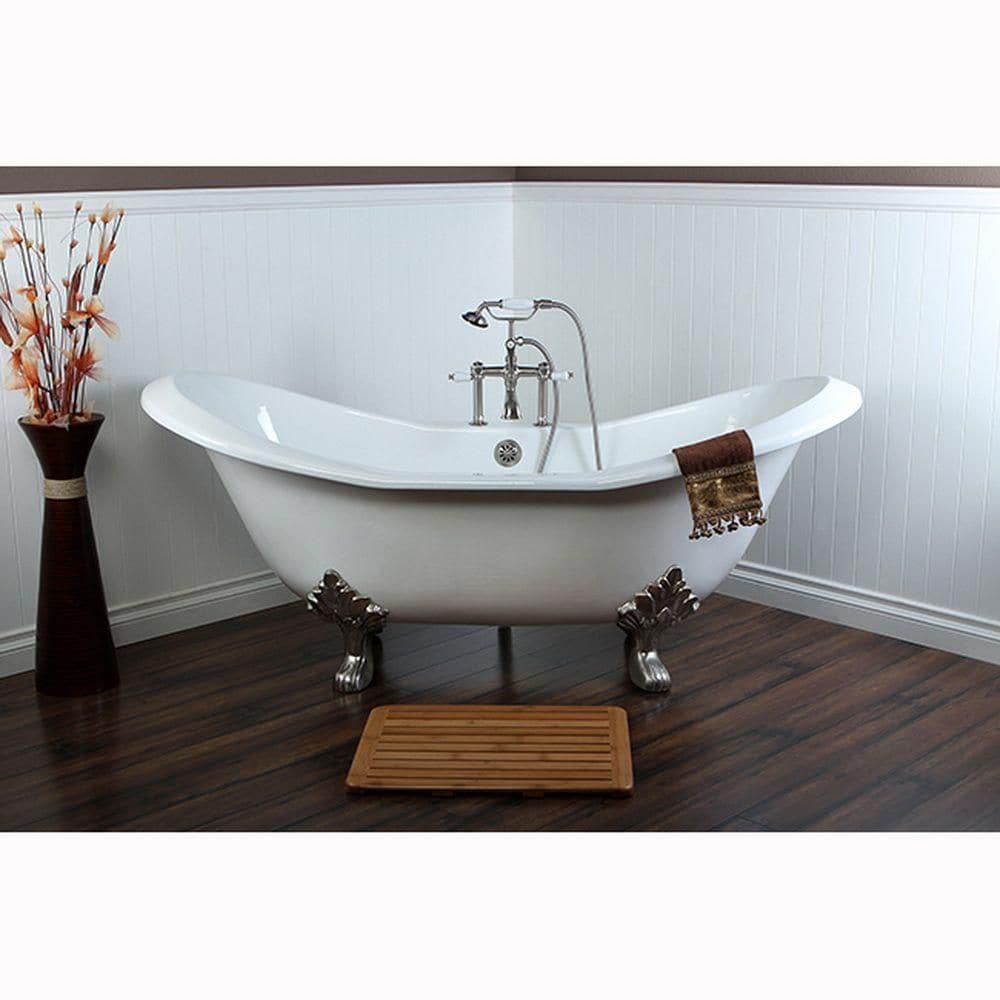6 Feet Cast Iron Satin Nickel Clawfoot Double Slipper Bathtub with 7-Inch Deck Holes in White