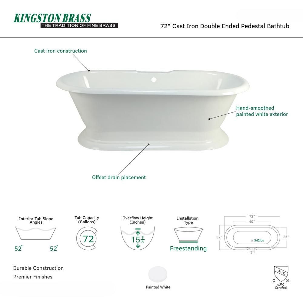 6 Feet Cast Iron Double Ended Pedestal Bathtub with 7-Inch Deck Holes in White