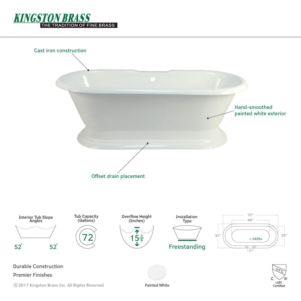 6 Feet Cast Iron Double Ended Pedestal Bathtub with 7-Inch Deck Holes in White