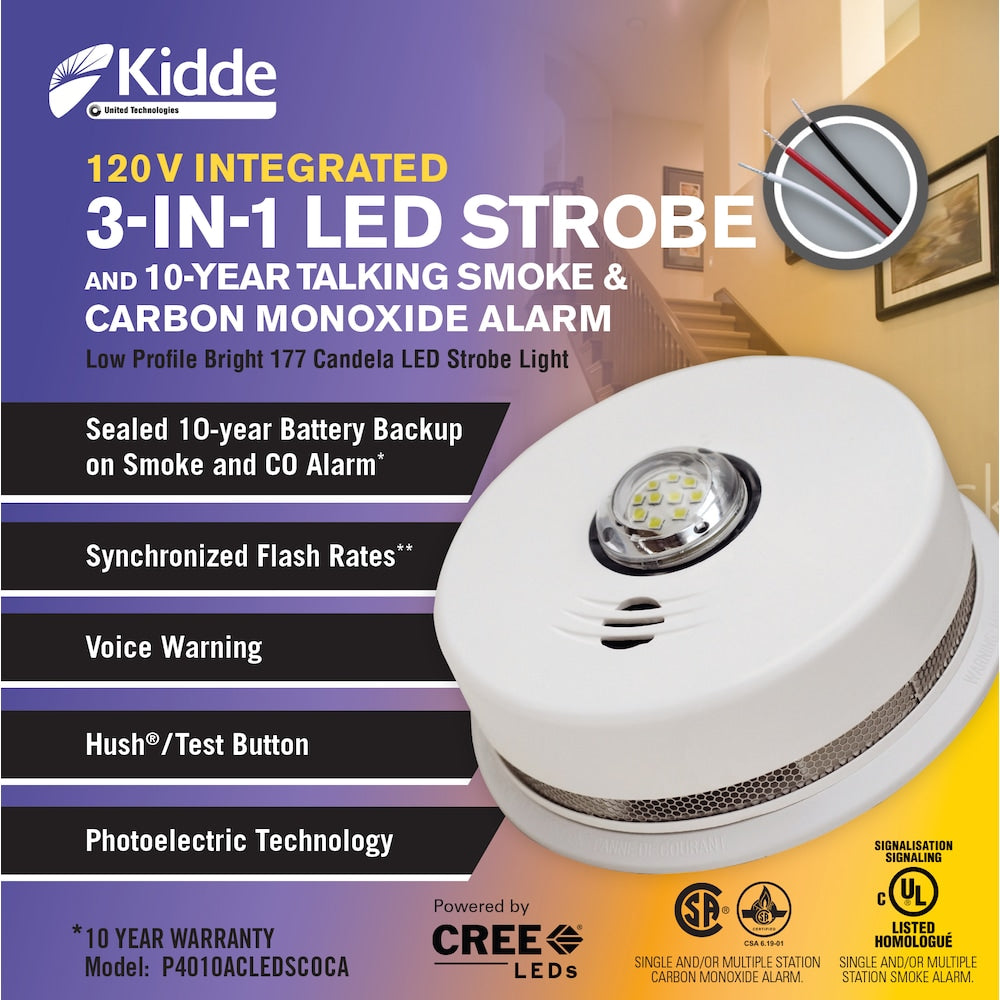 Hardwire Interconnected Combination Smoke and CO Alarm with Strobe Light and Voice Alert