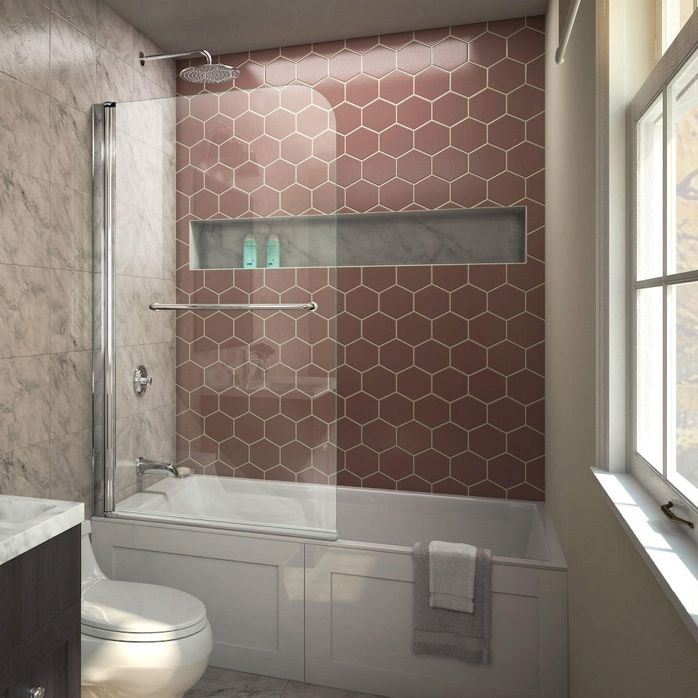 Aqua Swing 34 in. W x 58 in. H Frameless Pivot Bathtub Door in Chrome with Clear Tempered Glass