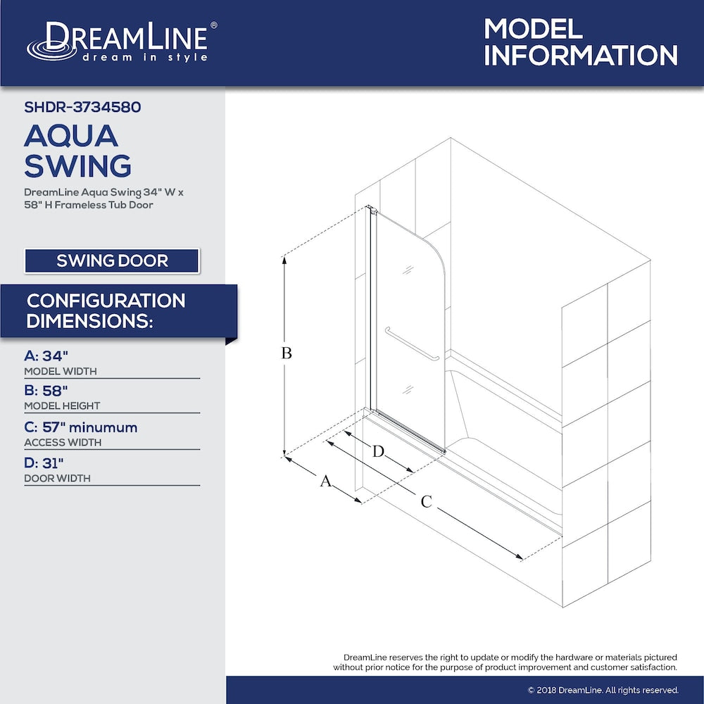 Aqua Swing 34 in. W x 58 in. H Frameless Pivot Bathtub Door in Chrome with Clear Tempered Glass