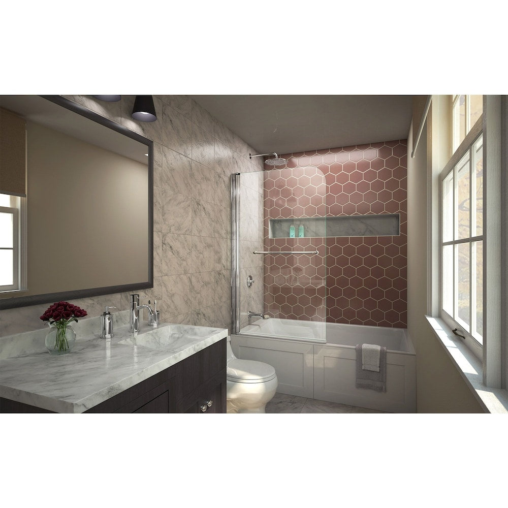 Aqua Swing 34 in. W x 58 in. H Frameless Pivot Bathtub Door in Chrome with Clear Tempered Glass