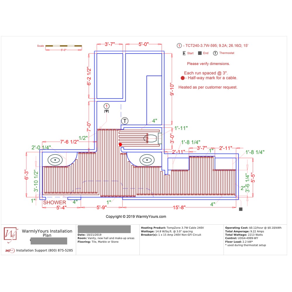 Kit de câble chauffant TempZone 595', 149 pi² avec thermostat tactile nSpire pour carrelage, bois dur et LVT 240 V