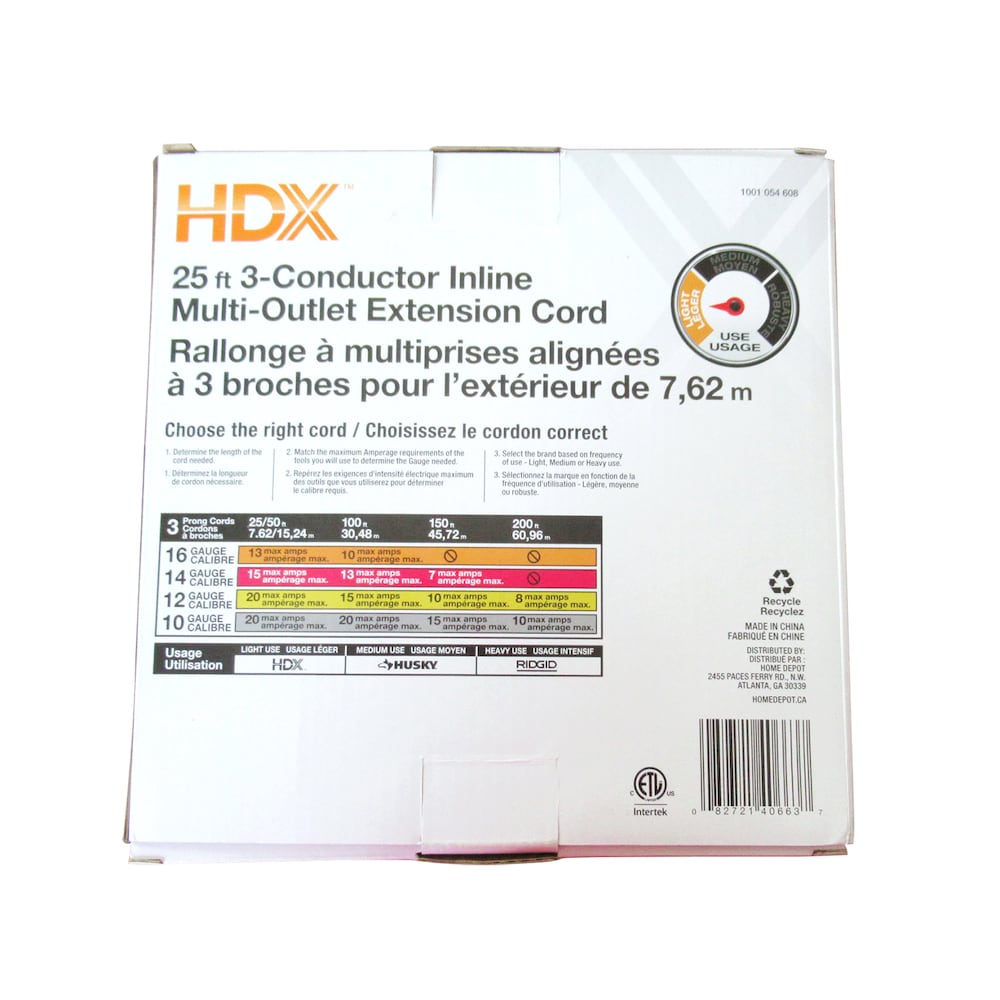 25 ft. 16 Gauge 13 Amps Outdoor Light Duty 3-Conductor Inline Multi-Outlet Extension Cord