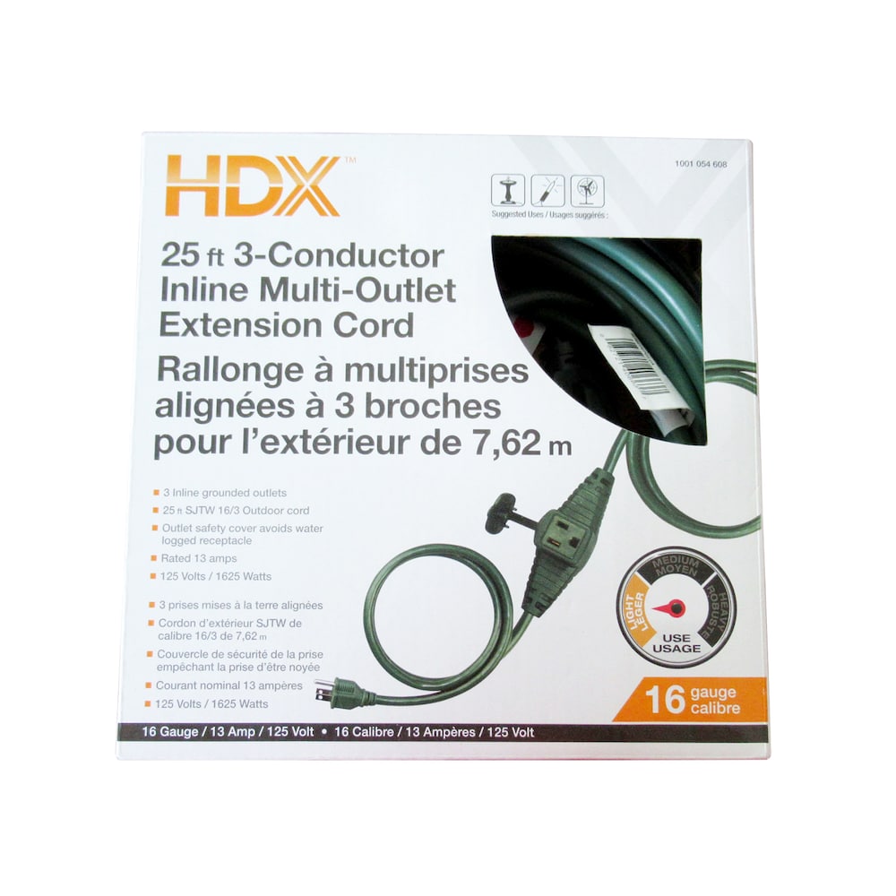 25 ft. 16 Gauge 13 Amps Outdoor Light Duty 3-Conductor Inline Multi-Outlet Extension Cord