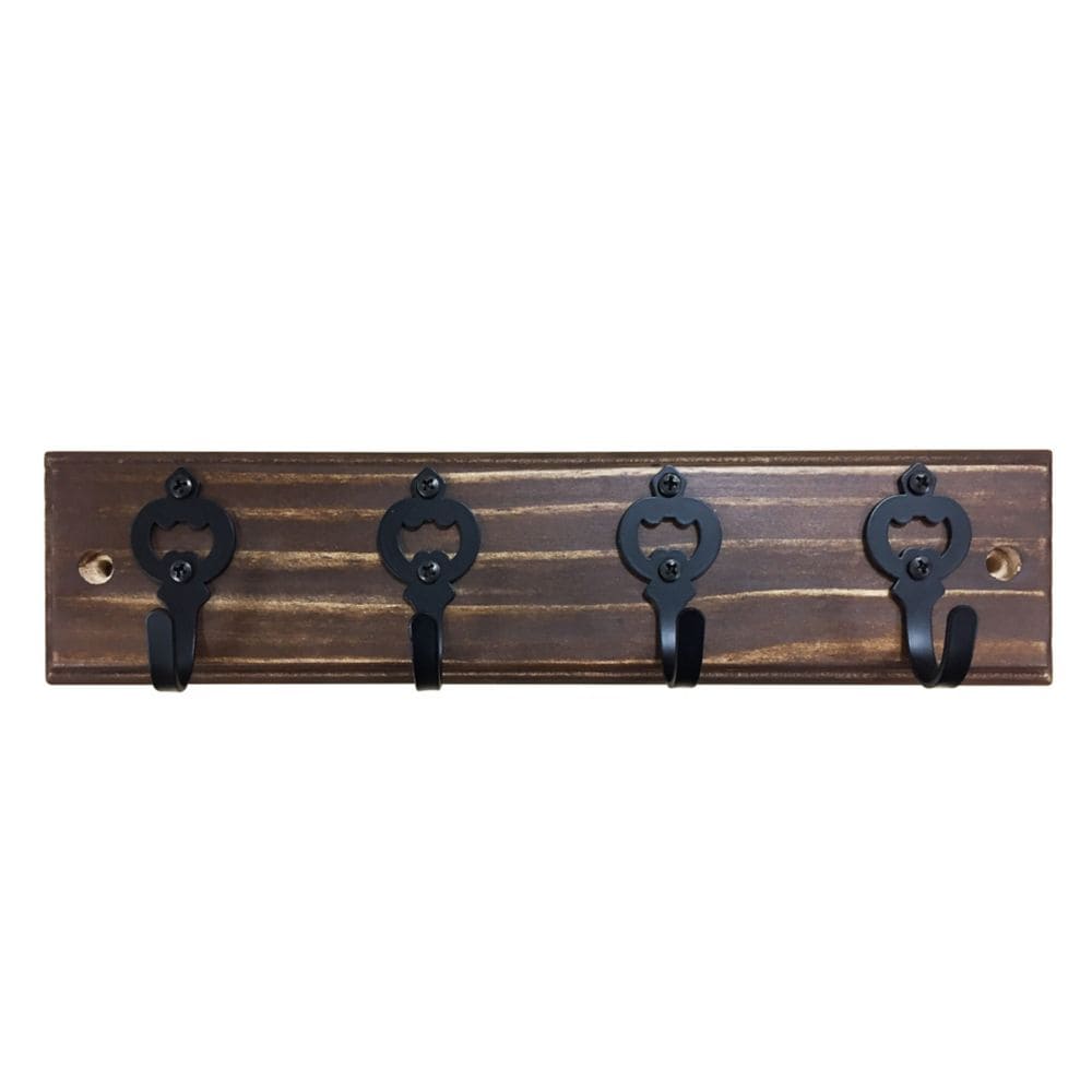 12-inch (305 mm) Classic Pine Hook Rack with 4 Iron Hooks, Rustic Wood and Matte Black Finish