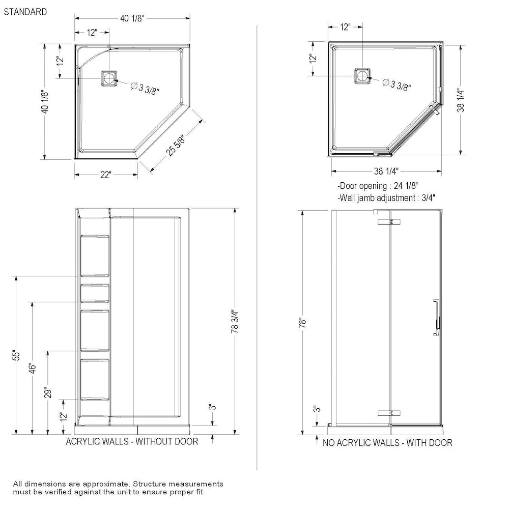 Davana 40 in. L x 40 in. W x 78.75 in. H Neo-Angle Corner Shower Kit Enclosure with Centre Drain Acrylic Base & Brushed Nickel Pivot Door (No Shower Wall)