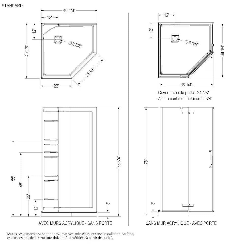 Davana 40 in. L x 40 in. W x 78.75 in. H Neo-Angle Corner Shower Kit Enclosure with Centre Drain Acrylic Base & Brushed Nickel Pivot Door (No Shower Wall)