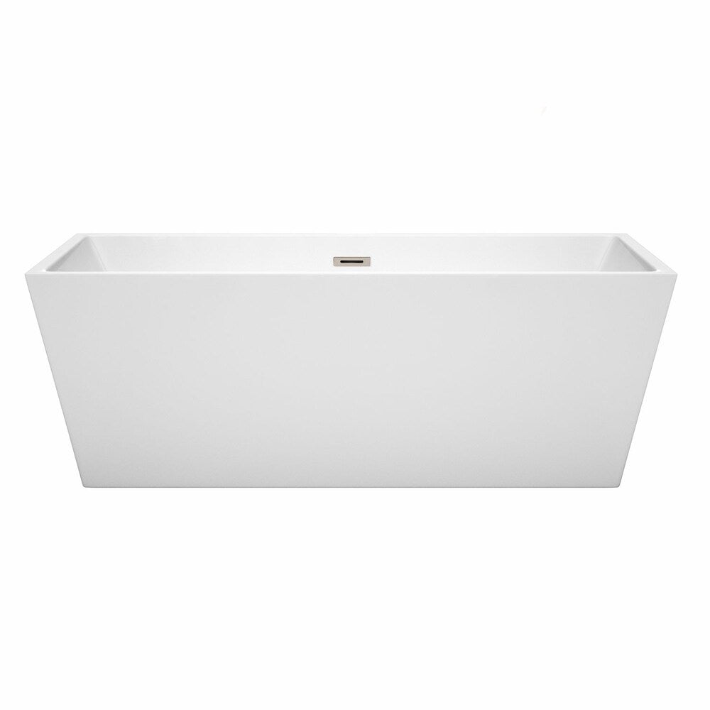 Sara 67 inch Freestanding Bathtub in White with Brushed Nickel Drain and Overflow Trim