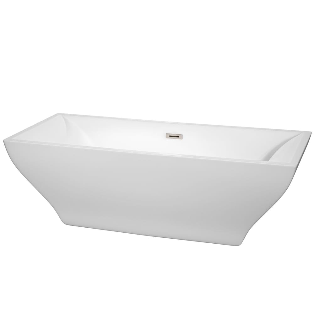 Baignoire autoportante Maryam de 71 pouces en blanc avec drain et garniture de trop-plein en nickel brossé