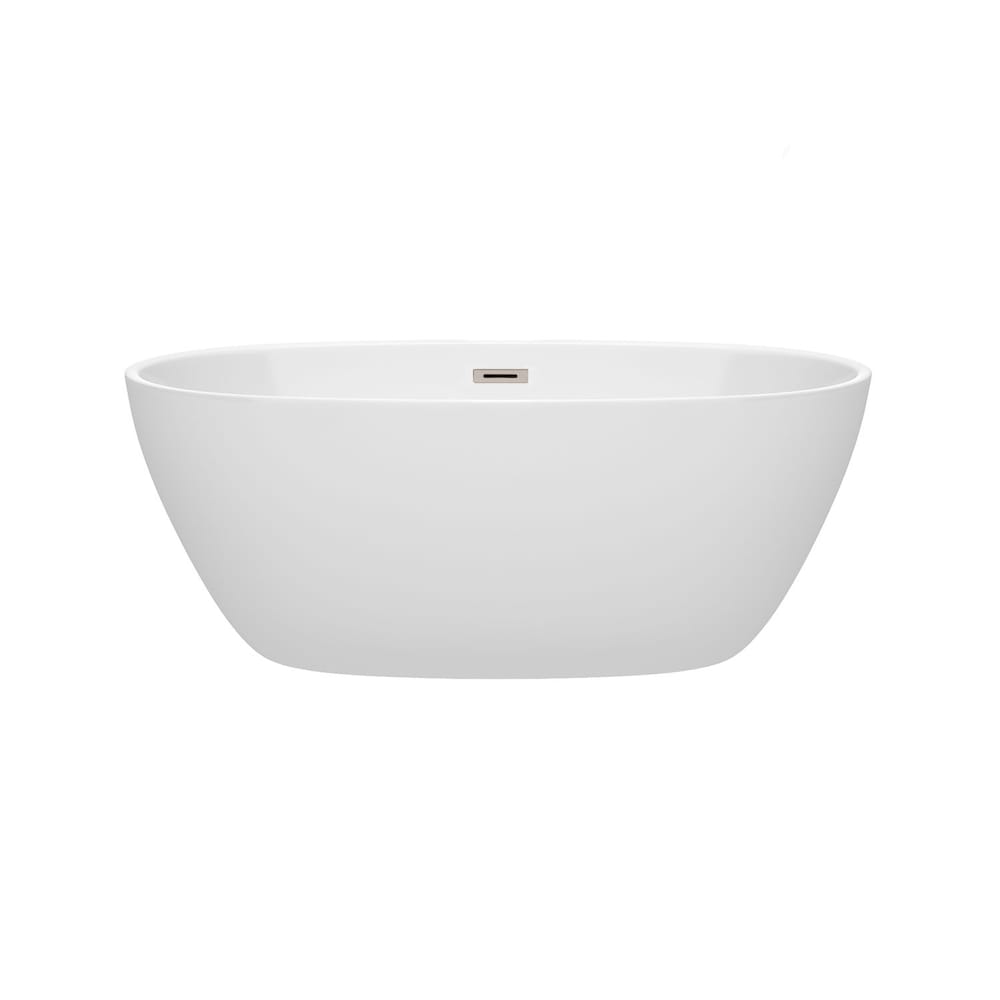 Juno 59 inch Freestanding Bathtub in White with Brushed Nickel Drain and Overflow Trim