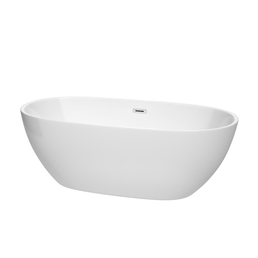 Baignoire autoportante Juno de 67 pouces en blanc avec drain et garniture de trop-plein en chrome poli