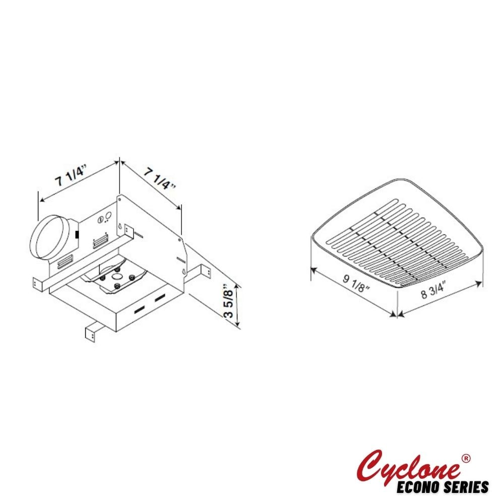 Hustone bath fan, 50 CFM, 3.5 sones, 3" collar, space saving bath fan