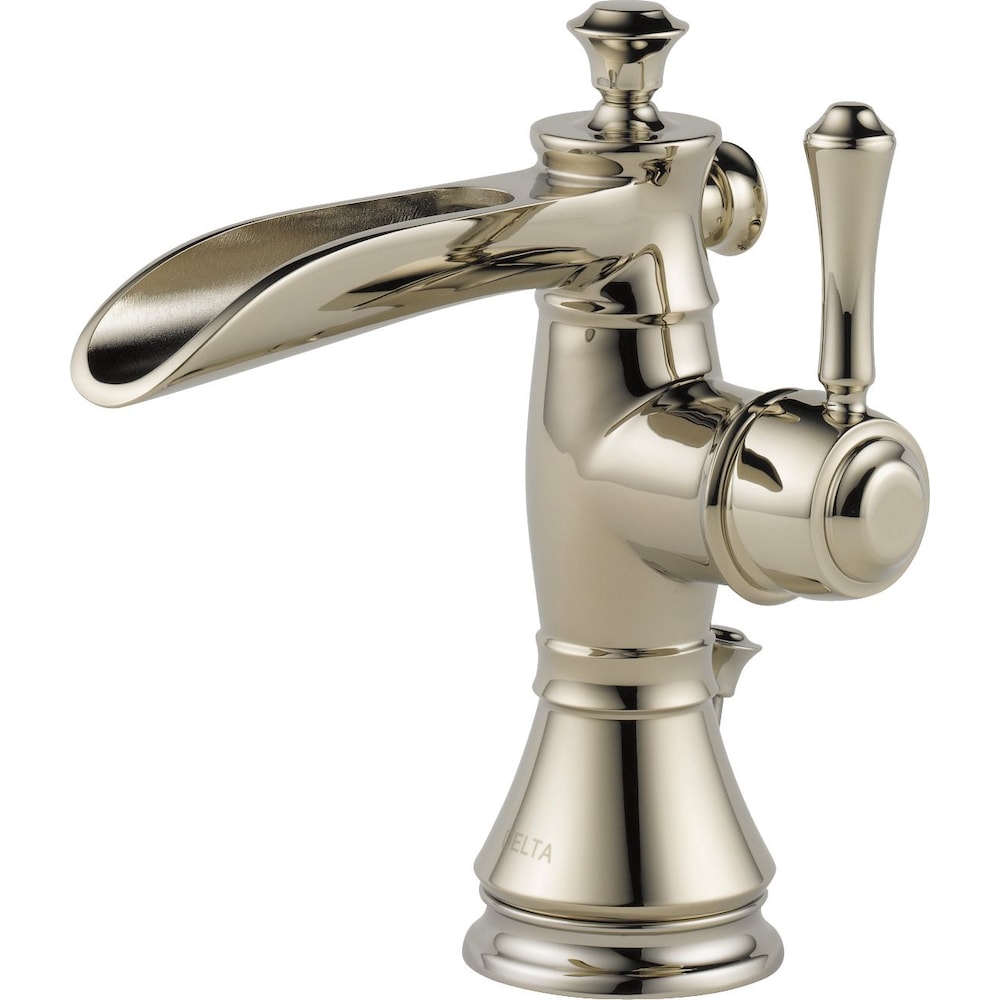 Robinet de lavabo de salle de bain à un trou Cassidy à poignée unique et bec verseur en cascade, montage sur pont, en nickel poli