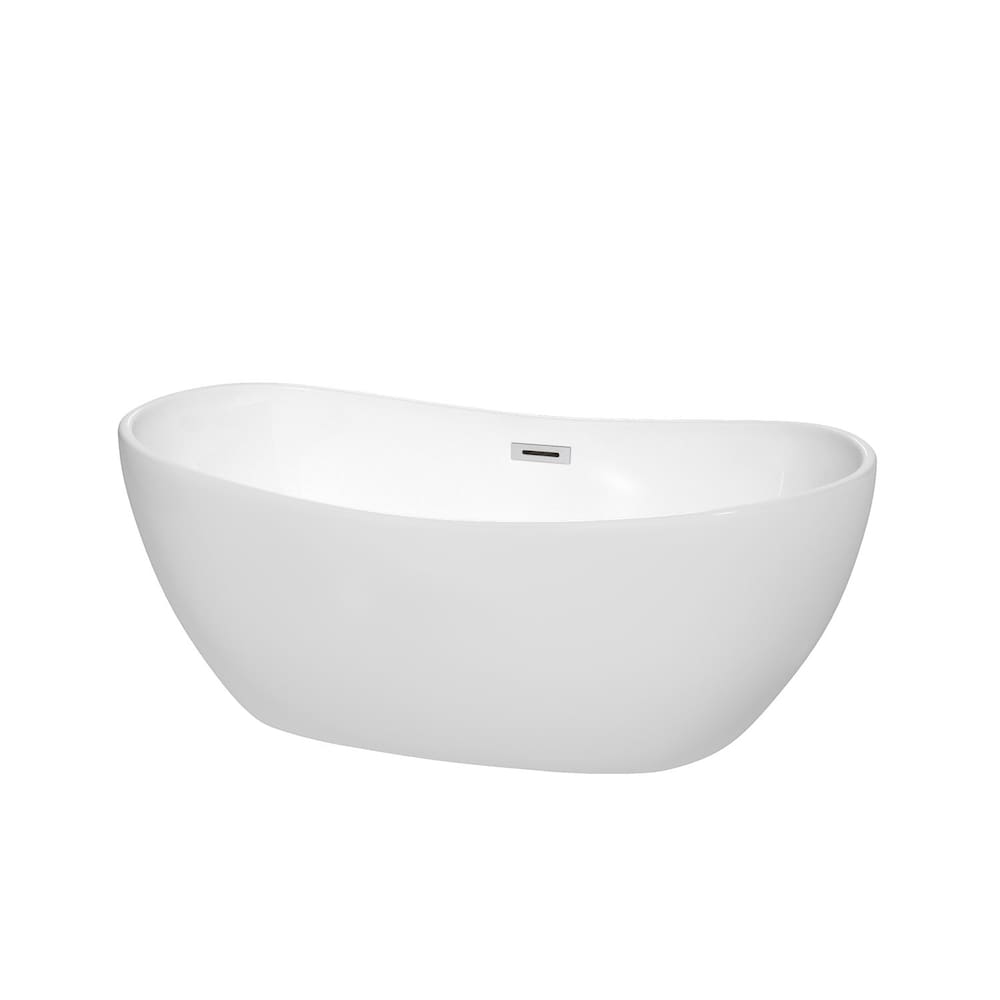 Baignoire autoportante Rebecca de 60 pouces, blanche, avec drain et garniture de trop-plein en chrome poli