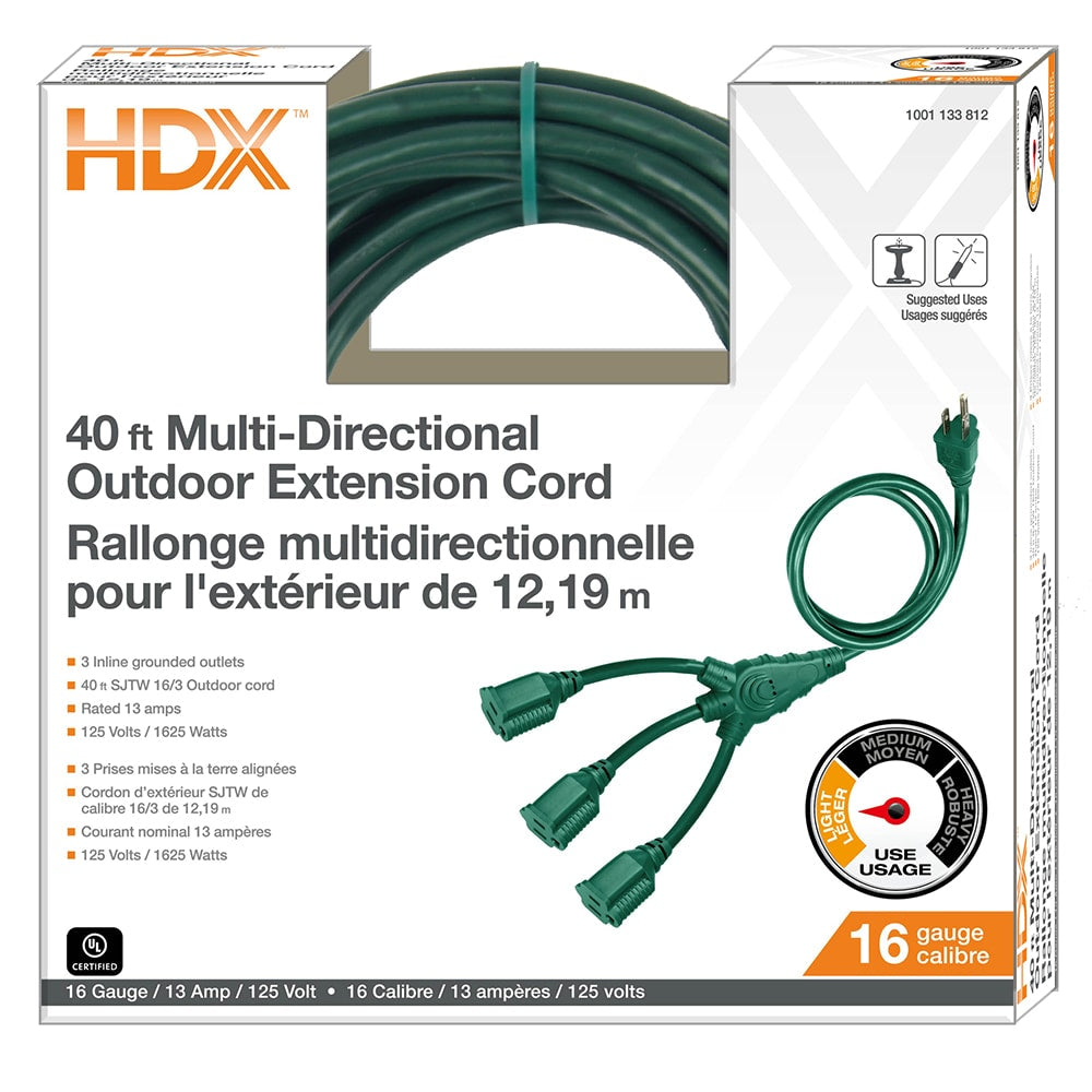 40 ft. 16 Gauge 13 Amps Multi-Directional Outdoor Light Duty Extension Cord, Green