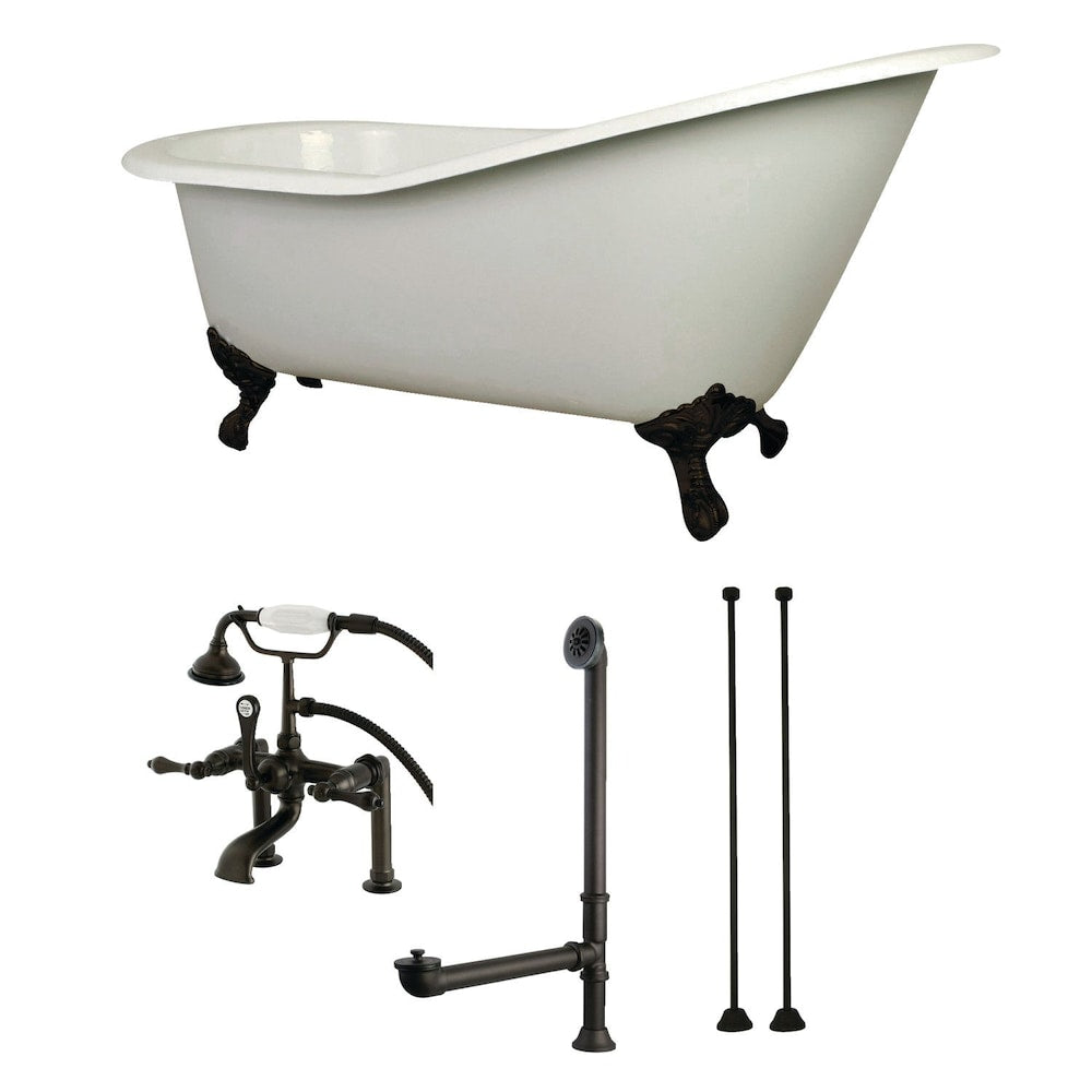 Slipper 5 ft. Cast Iron Clawfoot Bathtub in White with Faucet Combo in Oil Rubbed Bronze