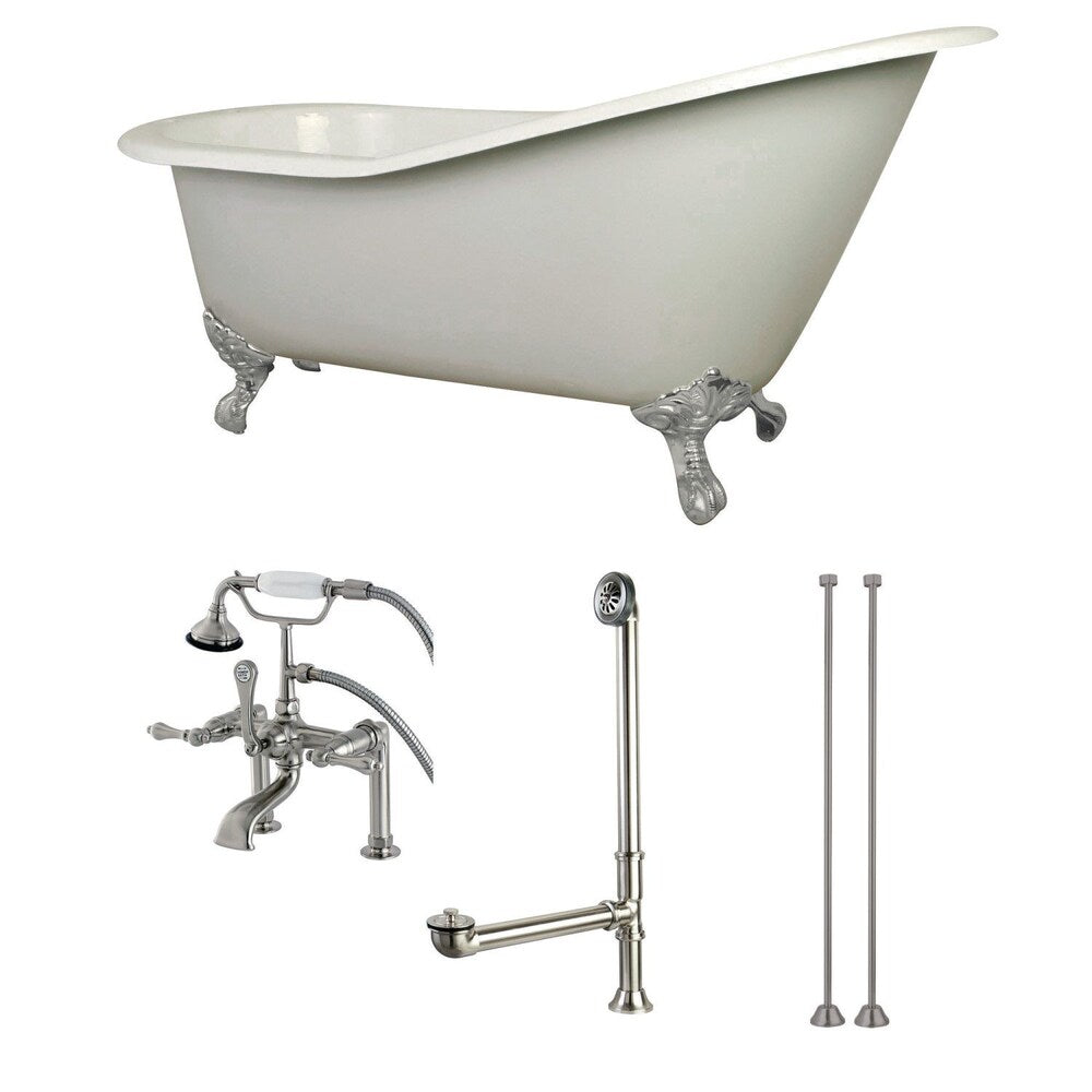 Slipper 5 ft. Cast Iron Clawfoot Bathtub in White with Faucet Combo in Satin Nickel