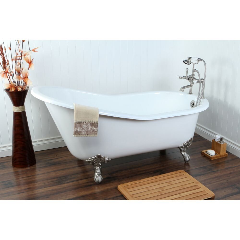 Slipper 5 ft. Cast Iron Clawfoot Bathtub in White with Faucet Combo in Satin Nickel