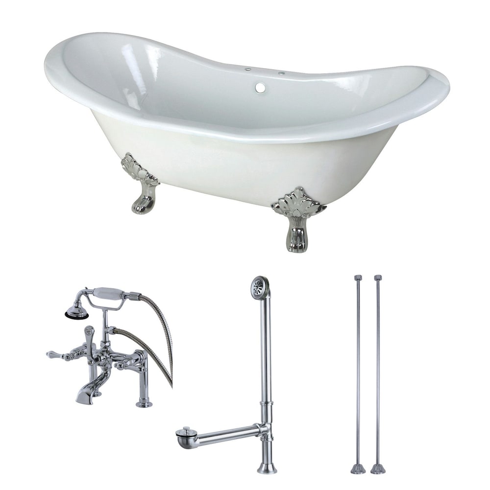Double Slipper 6 ft. Cast Iron Clawfoot Bathtub in White and Faucet Combo in Chrome