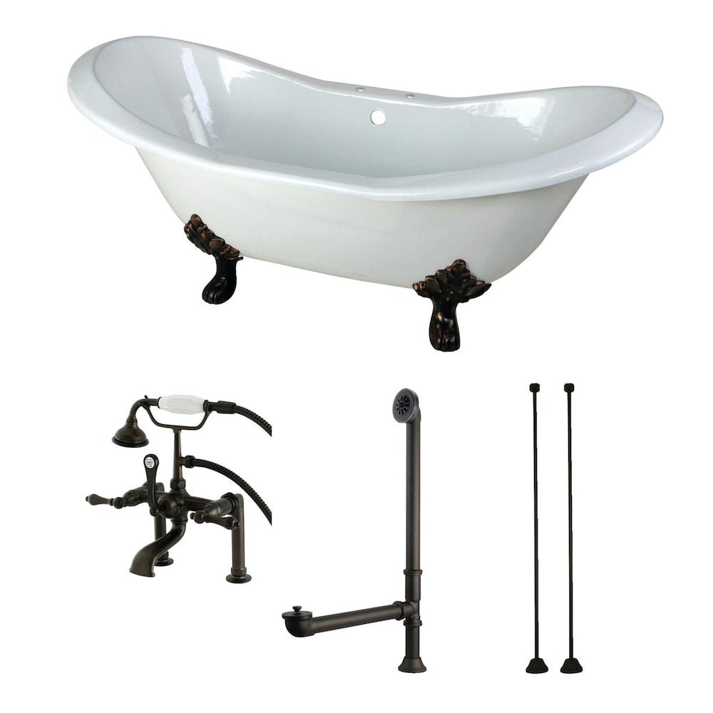 Double Slipper 6 ft. Cast Iron Clawfoot Bathtub in White and Faucet Combo in Oil Rubbed Bronze