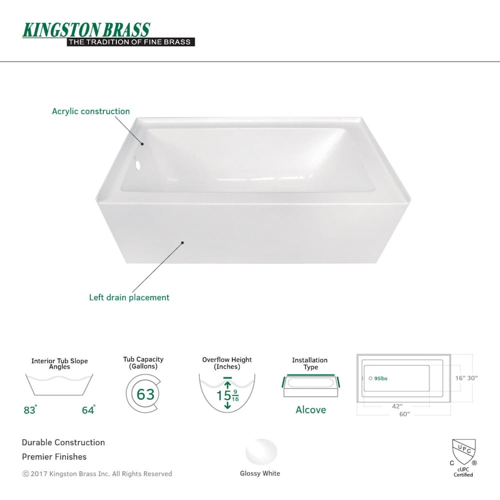 Contemporary 5 ft. Acrylic Left Hand Drain Rectangular Alcove Bathtub in White