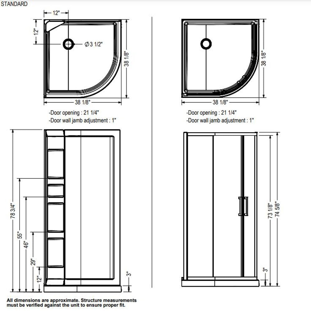 Sakura 38 in. L x 38 in. W x 74.5 in. H Round Corner Shower Kit Enclosure with Corner Drain Acrylic Base & Sliding Chrome Door (No Shower Wall)