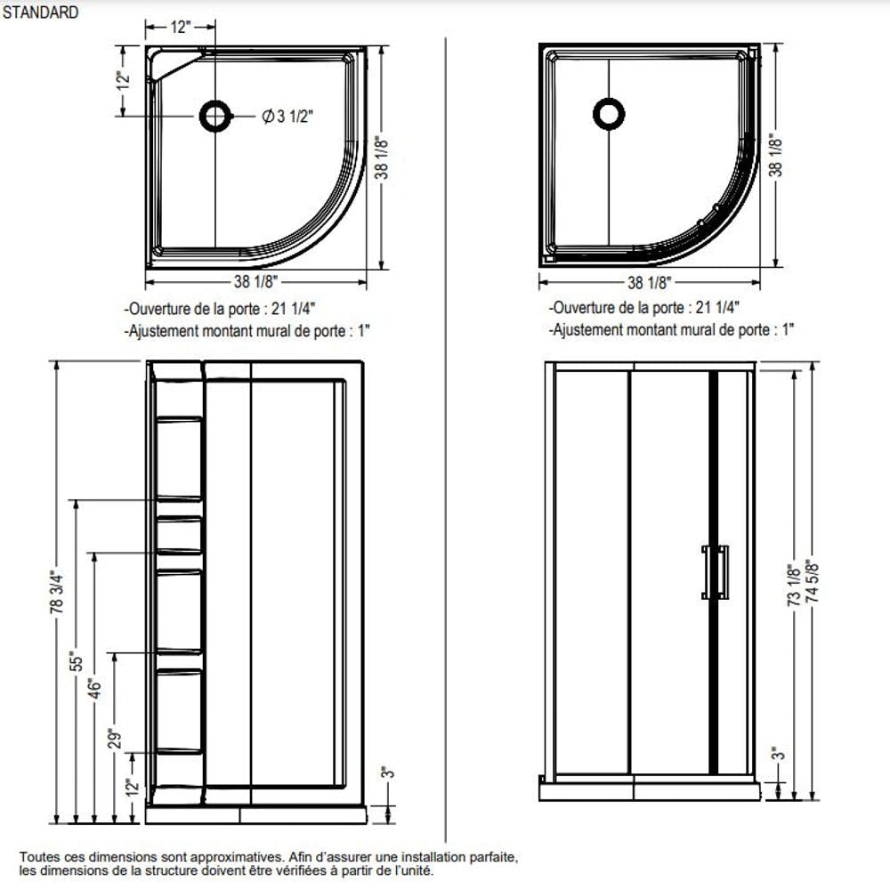 Sakura 38 in. L x 38 in. W x 74.5 in. H Round Corner Shower Kit Enclosure with Corner Drain Acrylic Base & Sliding Chrome Door (No Shower Wall)