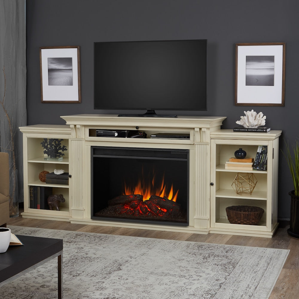Tracey Grand 84-inch Electric Fireplace TV Stand Entertainment Center in Distressed White